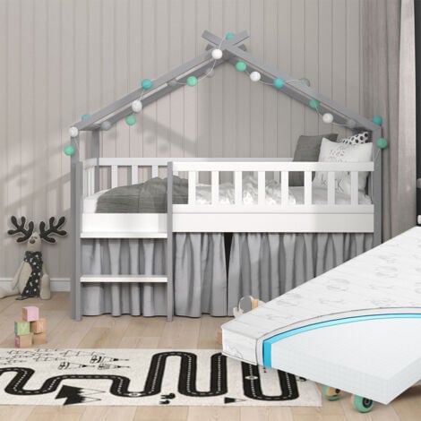 Letto per Bambino a Forma di Casetta con Sponde e Materasso a Schiuma  Fredda 80x160 cm Lettino con Barriere/Sbarre di Sicurezza - Bianco