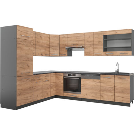 Cucina angolare completa Fame-Line, Quercia dorata/antracite, 227 x 60 cm senza piano di lavoro, Vicco