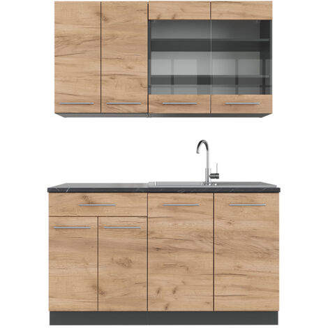 Cucina completa Fame-Line, Quercia dorata/antracite, 140 cm senza piano di lavoro, Vicco