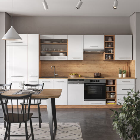 Cucina componibile Fame-Line, Bianco lucido/oro power oak, 355 cm senza piano di lavoro, Vicco
