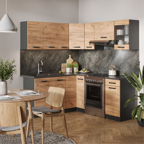 Cucina angolare completa Rick, Quercia dorata/antracite, 167 x 60 cm , PL Antracite, Vicco