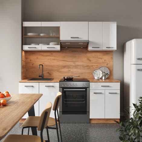 Cucina componibile R-Line, Bianco lucido/oro power oak, 200 cm senza piano di lavoro, Vicco