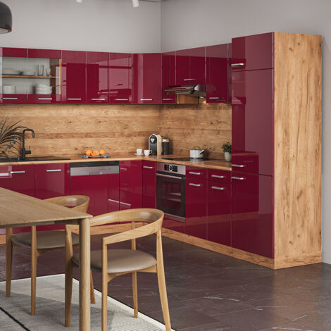Cucina angolare completa R-Line, Bordeaux lucido/rovere dorato, 227 x 287 cm senza piano di lavoro, Vicco