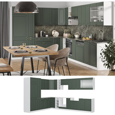 Cucina angolare „Fame-Line“ 257x347cm bianco/verde stile cottage Vicco