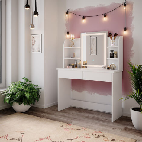 Tavolo Toeletta Con Specchio E Luci LED - 7 Cassetti, Sgabello Incluso, 40x100x140 Cm, Bianco