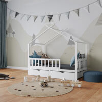Letto montessori bambini Franka, Bianco, 80x160 cm con 2 cassetti, Vitalispa