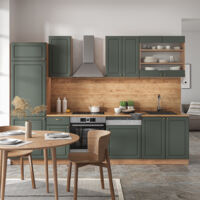 Cucina componibile Fame-Line, Quercia verde-oro Country/oro Power, 300 cm senza piano di lavoro, Vicco