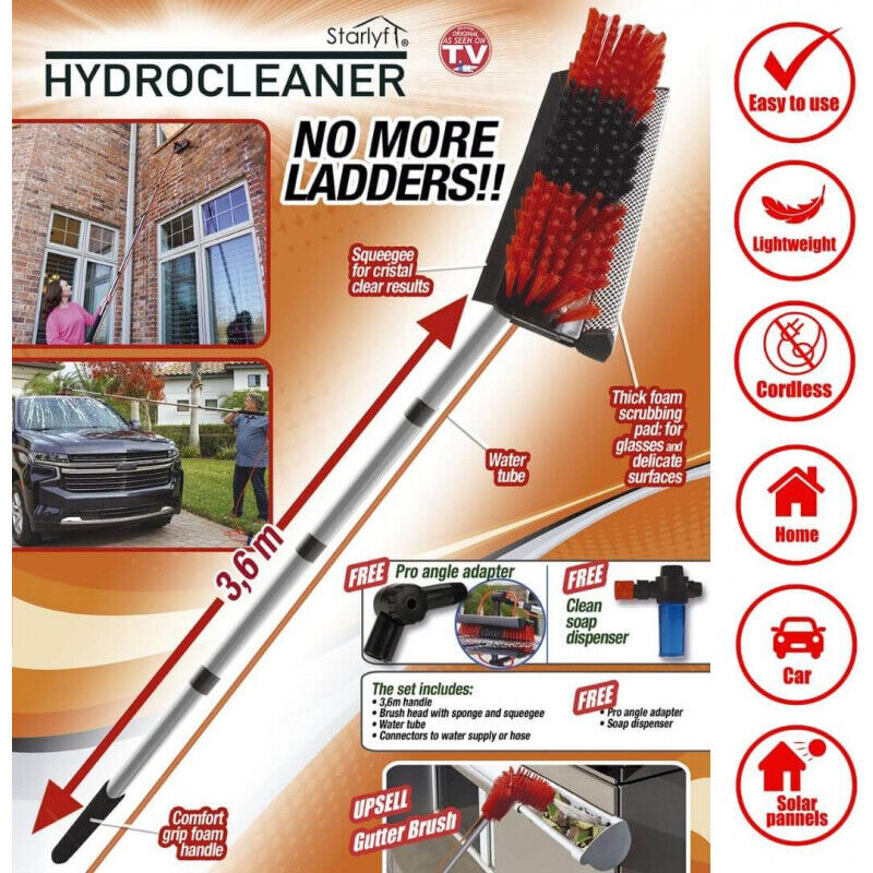Rouge/Noir 3,6 mètres TELESCOPIC HYDROCLEANER - VENTEO - Brosse à eau de lavage - Manche télescopique - Brosse avec éponge et raclette - Adaptateur d'angle pro 3