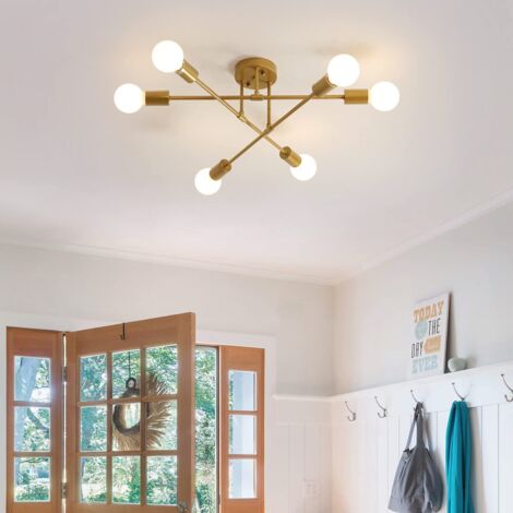 GOECO Plafoniera a LED moderna, lampadario sospeso vintage con 6 luci base E27, lampadario in metallo per salotto camera da letto cucina corridoio loft sala da pranzo bar caffetteria, Oro (senza lampa