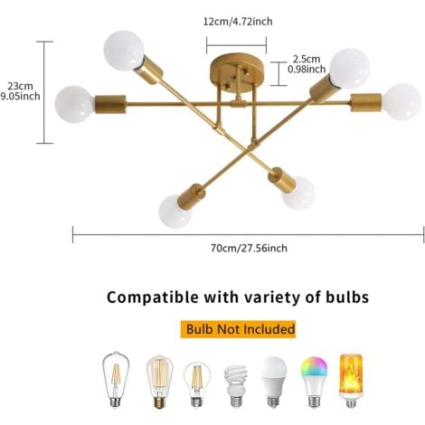 GOECO Plafoniera a LED moderna, lampadario sospeso vintage con 6 luci base E27, lampadario in metallo per salotto camera da letto cucina corridoio loft sala da pranzo bar caffetteria, Oro (senza lampa