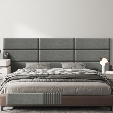 VERCART Lot de 9 panneaux muraux rembourrés autocollants en lin - Tête de lit 3D insonorisée avec mousse - Pour chambre à coucher, salon, bureau - Gris - 90 x 30 cm