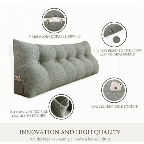 VERCART Coussin de Lecture, Oreiller Traversin Soutien Dorsal, Triangulaire Coussin à Coins, Gros Coussin Canapé, Coussin tête de Lit Dossier, Oreiller de Repos Cale Dos en Lin Gris 140cm