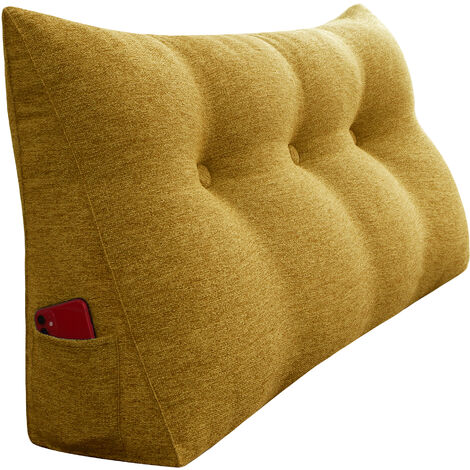 Coussin de lecture triangulaire 100cm en lin jaune – Soutien dorsal pour lit et canapé – Housse lavable avec poches latérales – Vercart
