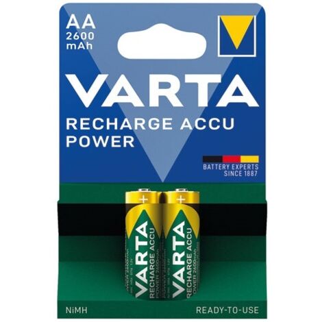 Varta – Pile rechargeable LR6 (AA) NiMH 2600 mAh – Prête à l'emploi – Faible auto-décharge – Lot de 2 – Compatible avec appareils gourmands en énergie