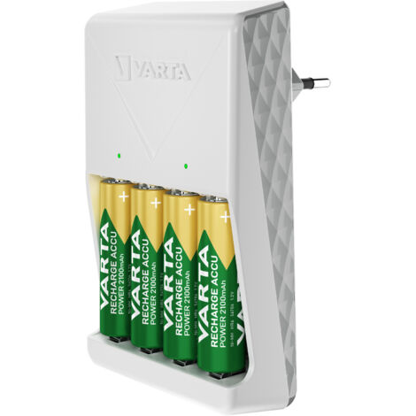 Varta – Chargeur mural pour 2 ou 4 piles AA/AAA – Charge rapide 4,5h – Inclus 4 piles 2100mAh – Compatible NiMH – Tension 100-240V