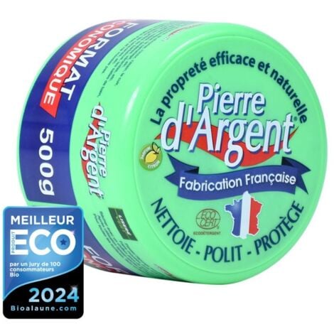 Pierre d'Argent format 500 g, parfum citron, nettoyant ménager multi-usage,  éponge incluse, fabriqué en France, certifié ECOCERT