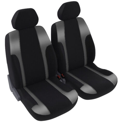 Jeu de 2 housses de sièges avant - Universelles - Voiture/Auto - Lavable - Tissu noir / gris métallisé - Coupe sport (1/5)