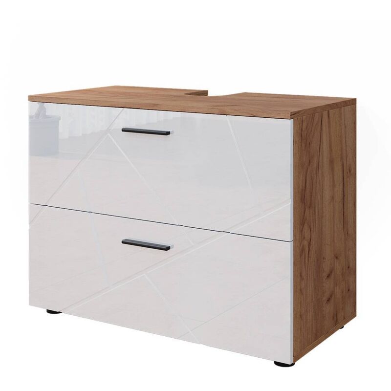 Meuble Sous Vasque Marelle - 80x57,5x35 Cm - Blanc/Artisan - 2 Tiroirs - Aggloméré Mélaminé