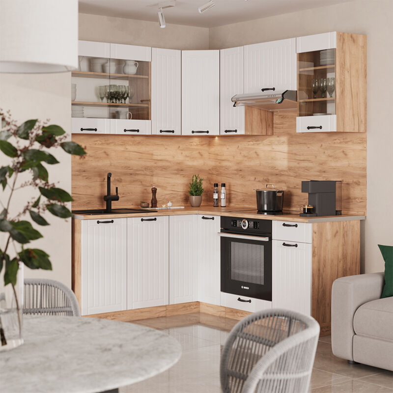 Cuisine En Angle Fame-Line Vicco – 190 Cm, Chêne Blanc, Haute Brillance, Meuble Cuisine Intégrée
