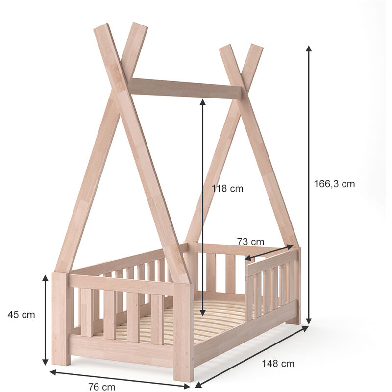 Lit D'enfants Tipi Bois De Pin Naturel Protection Antichute + Matelas 200x90  Cm à Prix Carrefour