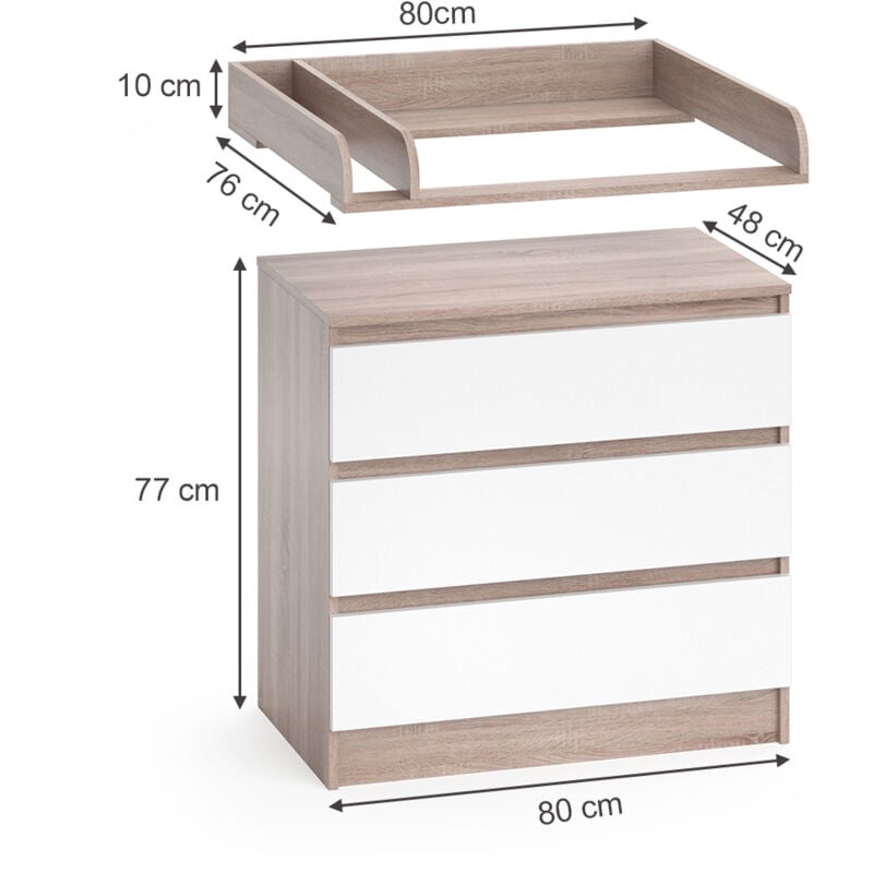 Commode à langer avec baignoire extractible, tuyau de vidange et poignées  en bois de hêtre naturel