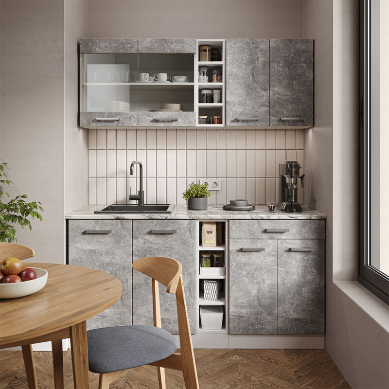 Kitchenette R-Line Vicco – 160 Cm – Blanc Gris Noble – Panneau MDF – Neuve