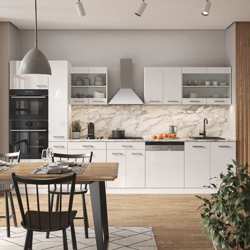Bloc Cuisine R-Line 350 Cm Blanc Ultra-brillant – Cuisine Intégrée Moderne Vicco