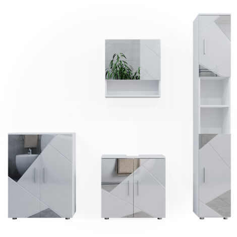 Ensemble de meubles de salle de bain Irma, Blanc, 4 pièces, avec armoire haute et commode, Vicco