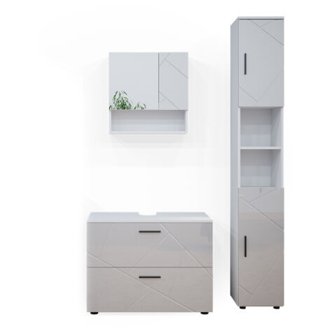 Ensemble de meubles de salle de bain Irma, Blanc Haute brillance, 3 pièces, avec armoire à tiroirs et armoire haute, Vicco