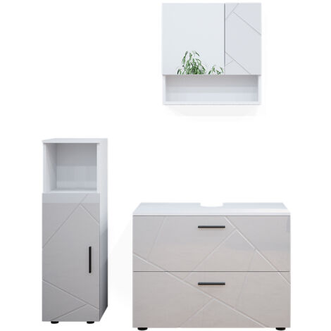 Ensemble de meubles de salle de bain Irma, Blanc Haute brillance, 3 pièces, avec armoire centrale, Vicco