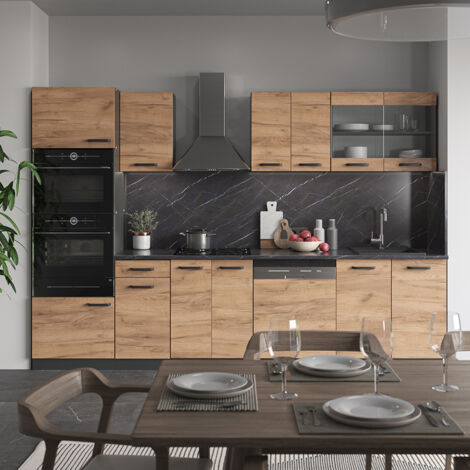 Cuisine R-Line, Chêne doré/anthracite, 300 cm avec armoire haute, sans plan de travail, Vicco