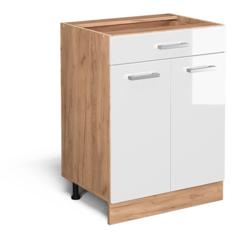 Meuble cuisine R-Line, Blanc Haute brillance, 60 cm avec tiroir, sans plan de travail, Vicco