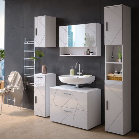 Ensemble de meubles de salle de bain Irma, Blanc Haute brillance, 5 pièces, Vicco