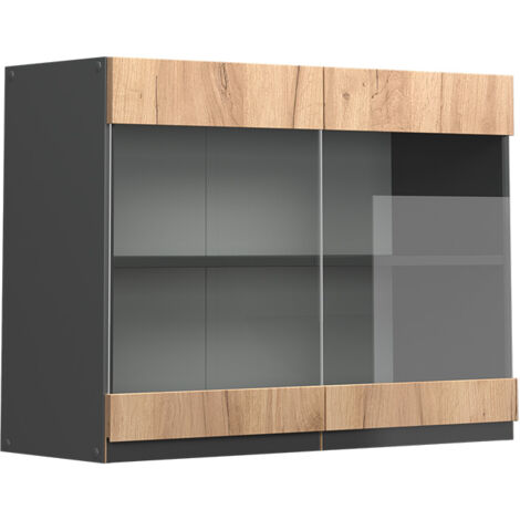 Meuble de cuisine haut vitré R-Line, Chêne de force doré, 80 cm J-Shape, Vicco