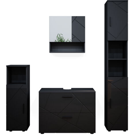 Ensemble de meubles de salle de bain Irma, Anthracite Haute brillance, 4 pièces, avec armoire à tiroirs et armoire haute, Vicco