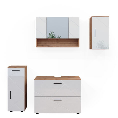 Ensemble de meubles de salle de bain Irma, Blanc brillant/Chêne doré, 4 parties, Vicco
