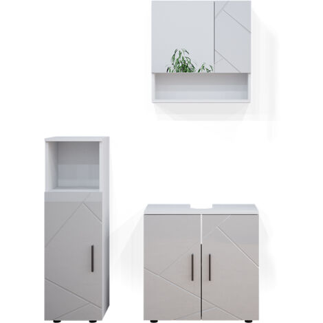 Ensemble de meubles de salle de bain Irma, Blanc Haute brillance, 3 parties, Vicco