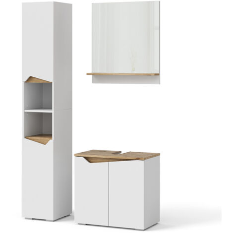 Ensemble de meubles de salle de bain Marelle, Blanc, 3 pièces, avec armoire haute, Vicco