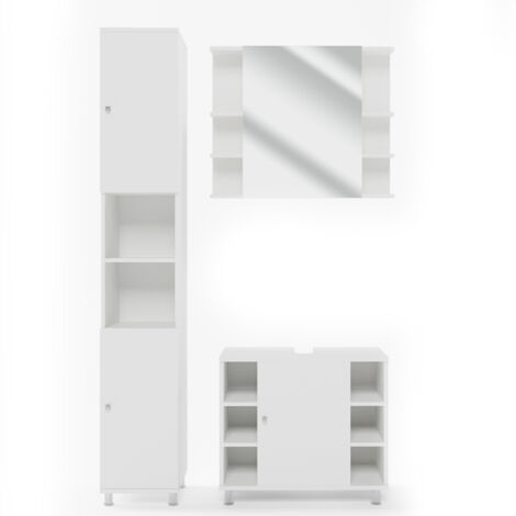 Ensemble de meubles de salle de bain Fynn, Blanc, 3 pièces, avec armoire haute, Vicco