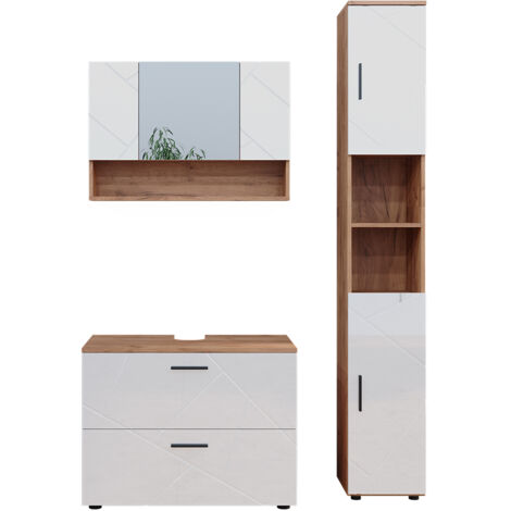 Vicco – Ensemble de meubles de salle de bain 3 pièces – Armoire basse 80 cm – Panneaux de particules 16 mm – Blanc brillant/Chêne doré (1/5)