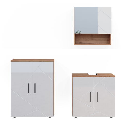 Ensemble de meubles de salle de bain Irma, Blanc brillant/Chêne doré, 3 pièces, avec armoire basse 60 cm, Vicco