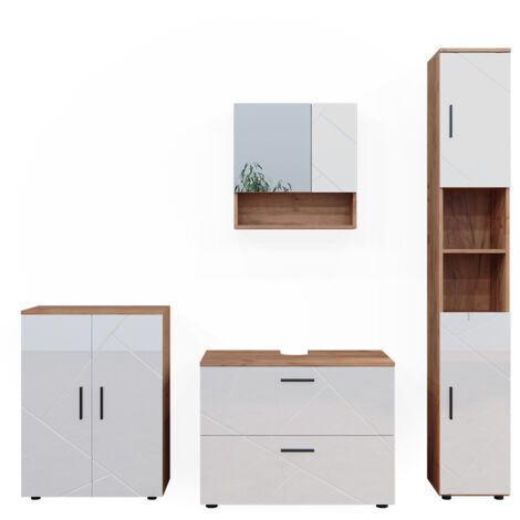 Ensemble de meubles de salle de bain Irma, Blanc brillant/Chêne doré, 4 pièces, avec armoire à tiroirs et armoire centrale, Vicco