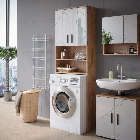 Armoire pour machine à laver Irma, Blanc brillant/Chêne doré, 64 x 190.5 cm, Vicco