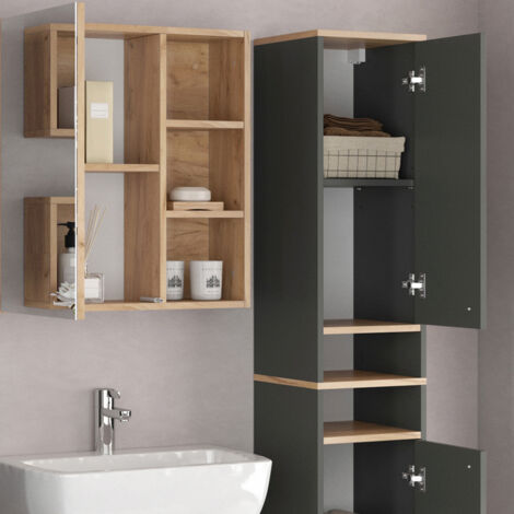 Vicco Ensemble Meubles Salle De Bain NIKO Anthracite/Viking Oak Avec Miroir - Meuble Sous Lavabo Et Rangement