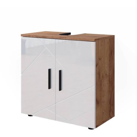 Meuble sous vasque simple Irma, Blanc brillant/Chêne doré, 60 x 59 cm, Vicco