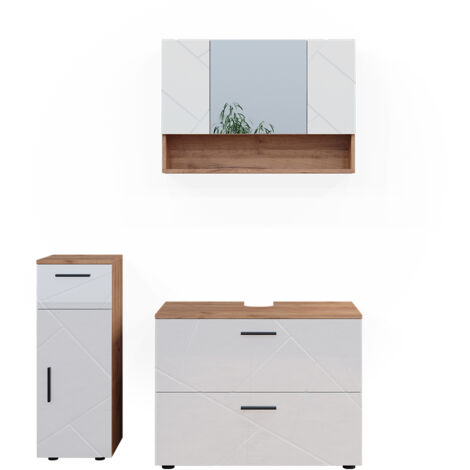 Ensemble de meubles de salle de bain Irma, Blanc brillant/Chêne doré, 3 pièces, avec armoire à tiroirs et armoire centrale, Vicco (1/5)