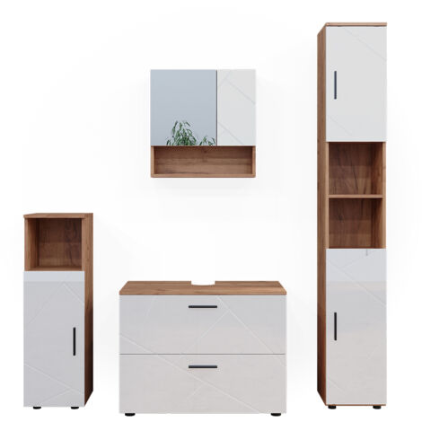 Ensemble de meubles de salle de bain Irma, Blanc brillant/Chêne doré, 4 pièces, avec armoire à tiroirs et armoire haute, Vicco