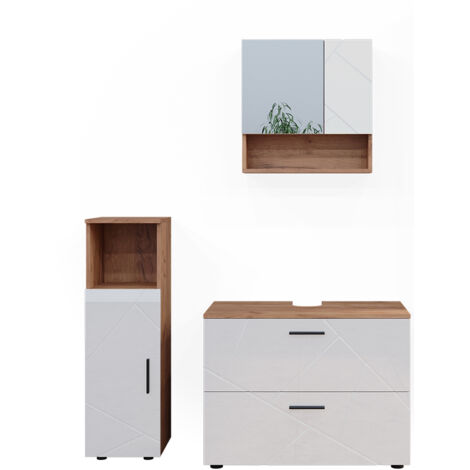 Ensemble de meubles de salle de bain Irma, Blanc brillant/Chêne doré, 3 pièces, avec armoire centrale, Vicco