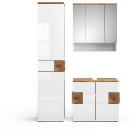 Ensemble de meubles de salle de bain Eden, Blanc, 3 pièces, avec armoire haute, Vicco