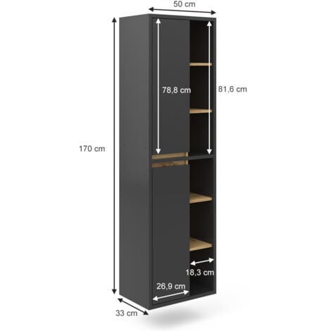 Meuble de rangement de salle de bain Viola, Anthracite, 50 x 170 cm avec portes, et compartiments ouverts, Vicco